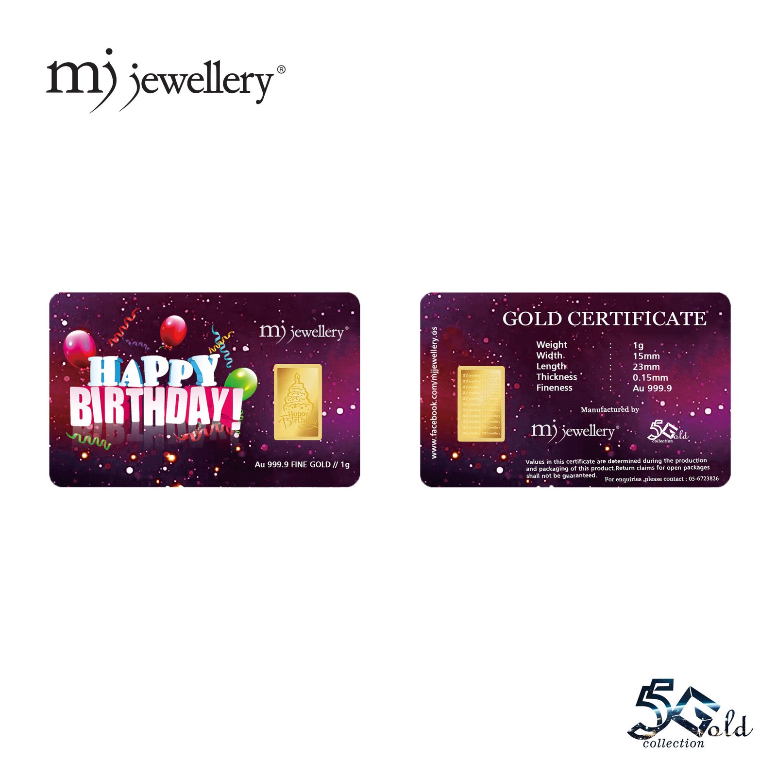 MJ Jewellery 5G Gold Collection 999.9 Happy Birthday Gold Bar F14 2