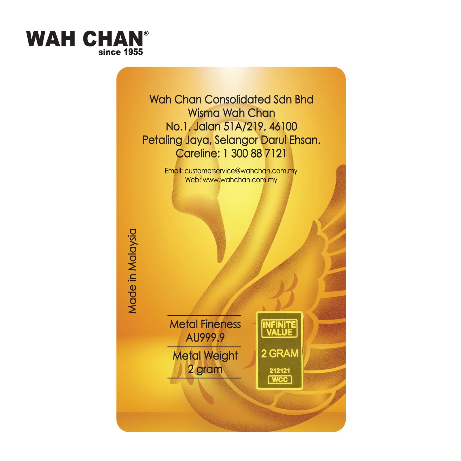 WAH CHAN 2g 999.9 Fine Gold Bar (2g.Swan) 2